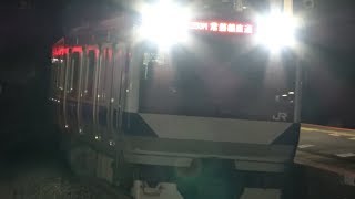 ポイント区間を蛇行しながら夜の佐貫駅の2番線に到着する上野東京ライン常磐線下りE531系