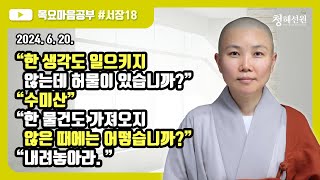 2024.06. 20. [청혜선원] 목요공부ㅣ대혜서장 제18회 “한 생각도 일으키지 않는데 허물이 있습니까?” “수미산” “한 물건도 가져오지 않은 때에는 어떻습니까?” “내려놓”