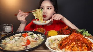 SUB)매콤한 마파두부에 꾸덕꾸덕 해물울면 먹방 ! (ft.칠리왕새우\u0026가지튀김) 중식먹방 리얼사운드 Mapa tofu seafood noodles mukbang ASMR