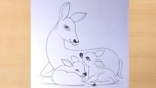 mother deer with her two babies pencildrawing/deer drawing
