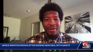 New Orleans Saints Jameis Winston speaks after re-signing with team