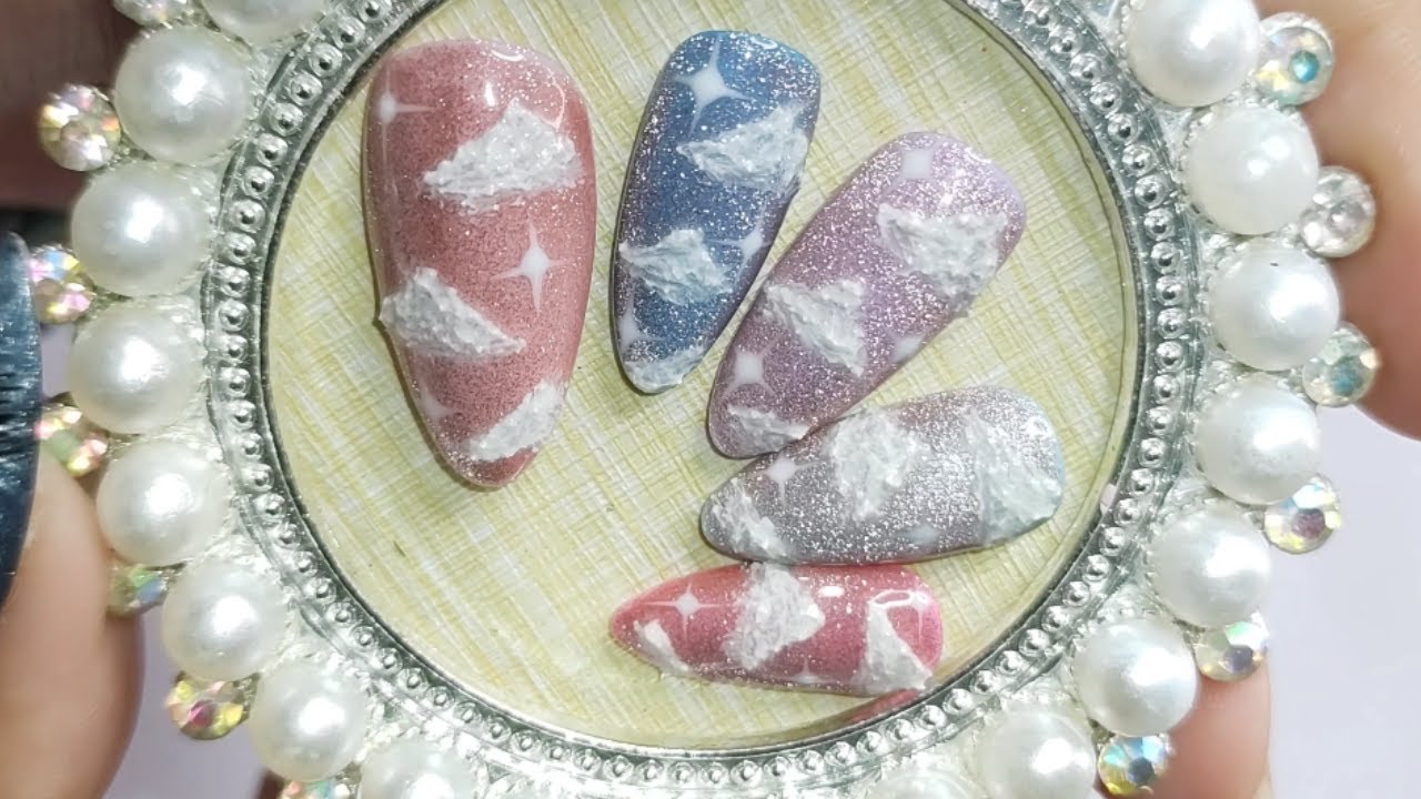 140 Cat Eye Press On Nails Design With Clouds And Stars Easy Nail