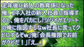 【スカッとする話】定年後に新人の教育係になった俺。コネ入社の新入社員に指導すると、俺をバカにし「ジジイがエリートの俺に指図するなw社長に言ってクビにするぞw」俺「会長権限でお前がクビだ！」「え