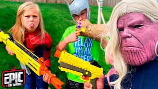 Nerf Battle: Hero Kidz Battle the Babysitter Thanos Pretend Play For Kids