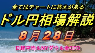 【FX】ドル円為替相場の予想と前日の動きをチャートから解説。日経平均、NYダウ、金チャートも。8月28日