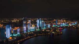 Qingdao CBD night scene light show aerial photography time-lapse