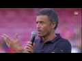 Luis Enrique and Andrés Iniesta address the Camp Nou crowd at the Gamper game