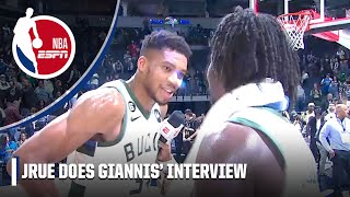 Giannis Antetokounmpo has Jrue Holiday do the interview for him 😂