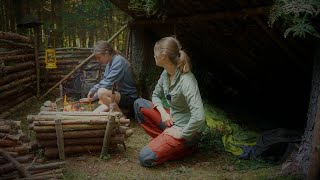 Permanent forest camp - Bushcraft Newbie Girl - Cadaver found - Shelter building - Open Fire Cooking