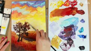 How to painting warm sky colors in acrylic | Landscape painting | Creative