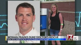 Woman thanking Duke doctor for saving her life on flight