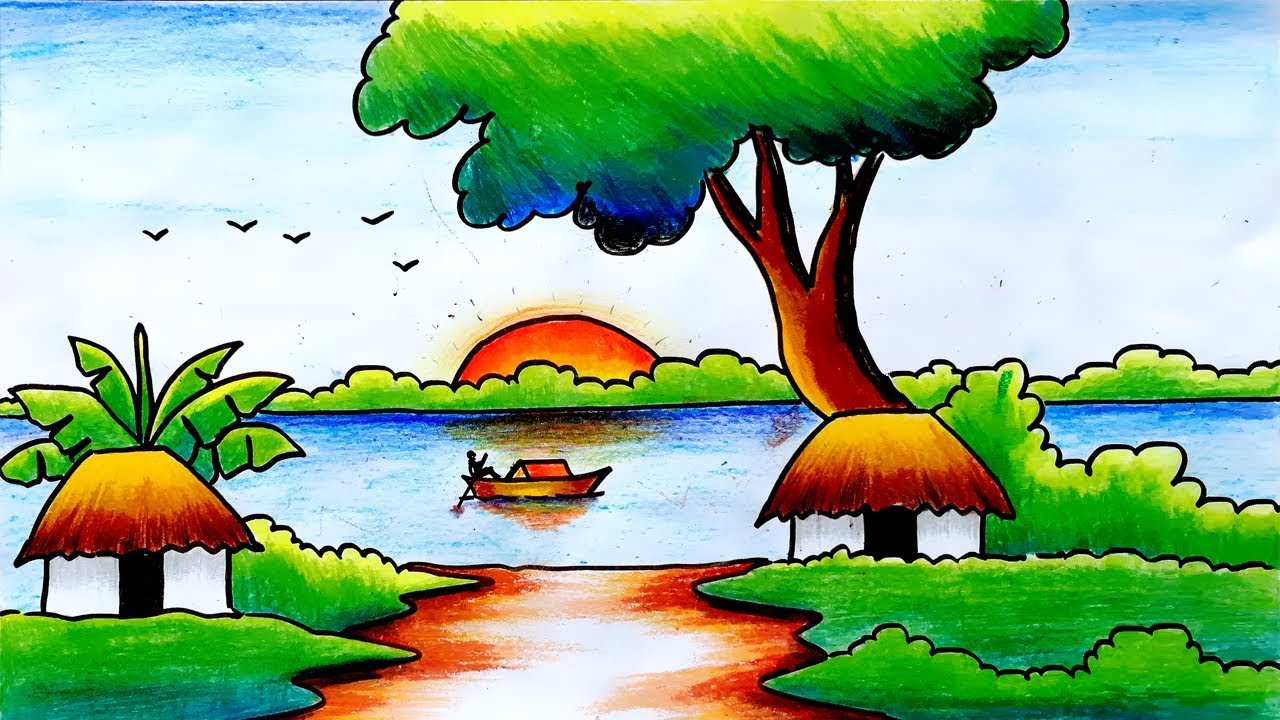Beautiful Scenery Drawing Easy With Colour For Kids Step By Step