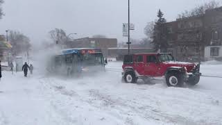 montreal city bus rescue. when a 4runner v8,sequoia \u0026 jeep rubicon pull a bus on icy hill