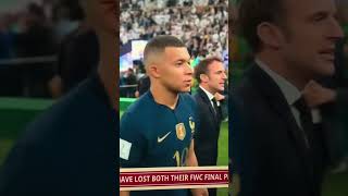 French President Emmanuel Macron consoling MBappe after Argentina win World Cup 2022
