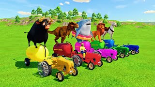 TRANSPORTING GIANT FERDINAND COWS, DINOSAUR, SHARK, LION HORSE WITH TRACTORS - Farming Simulator 22!