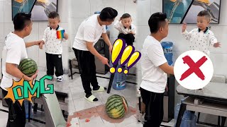 Cute Baby Likes To Climb On The Table  Dad Uses Watermelon To Educate Him#cutebaby#funnyvideos#smile