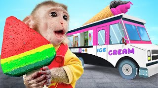 Cute Baby Monkey Bo Bo goes to rescue lovely ducklings from tow crocodile and eats MIXUE Ice Cream