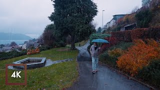 Rainy Morning Walk in Spiez, Switzerland, Autumn Colors, Lake Thun, 4K Rain