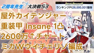 【ブルアカ】屋外カイテンジャー重装甲 Insane1凸 2600万↑チャート  ミカ・Wウイ・チェリノ編成 字幕解説有