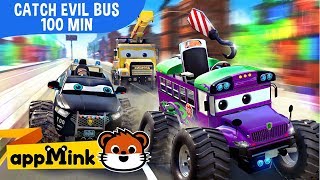 appMink car animation – Fun Cartoon with Police Car, Fire Truck and Helicopter catching Evil Bus