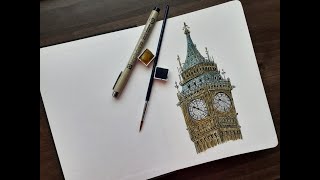 Ink and Watercolor Drawing - Big Ben London