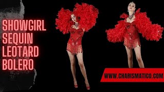 CHARISMATICO Sparkling Red Sequin Leotard with  Matching Organza Ruffle Bolero Sleeve Set