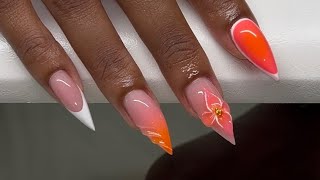 French Stiletto 3d Flower Airbrush Ombre Acrylic Nails