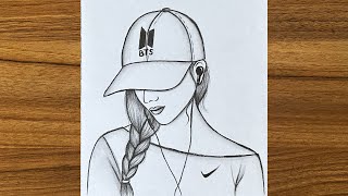 How to draw a girl with BTS cap || Girl drawing easy step by step || Beautiful girl drawing