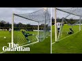 Goalkeeper pulls off amazing save despite getting his foot trapped in the net