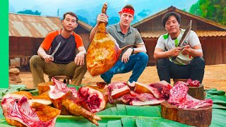 Hmong Army Cooks Huge Jungle Pig and RATS!! Laos Village Food!!