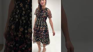 Yumi Black Embroidered Floral Skater Dress