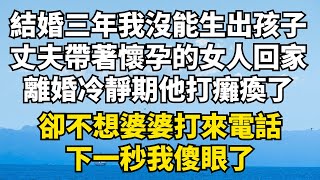 結婚三年我沒能生出孩子，丈夫帶著懷孕的女人回家，離婚冷靜期他打癱瘓了，卻不想婆婆打來電話，下一秒我傻眼了【暮年心語】#落日溫情#情感故事#花開富貴#深夜淺讀#深夜淺談#家庭矛盾#爽文