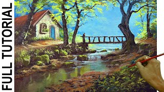 Acrylic Landscape Painting Tutorial | Cabin, Bridge and River by JM Lisondra