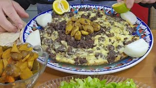 موكبانغ باسطرمة او بسطرمة لحم مجفف مقلي مع البيض ولية الخروف وجبة دسمة رهيبة MUKBANG Pastrami meat