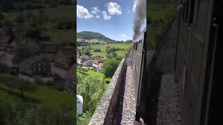 Steamtrain crossing a viaduct. Dampflok zieht Sauschwänzlebahn über Viadukt im Schwarzwald. #shorts