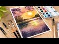 Easy Watercolor painting for beginners sunset lake landscape