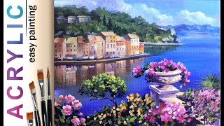 Mediterranean seascape. Small City and flowers How to paint landscape🎨ACRYLIC tutorial DEMO