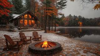 Cozy Autumn Winter Cabin by the Lakeside | Crackling Fire Pit & Gentle Snowfall  For Relaxing