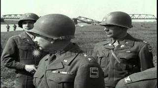 Soviet and American soldiers meet and congratulate each other near the Elbe River...HD Stock Footage