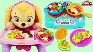 Feeding Paw Patrol Pup Baby Skye Play Doh Breakfast, Lunch and Dinner Using Play Dough Stove Set!