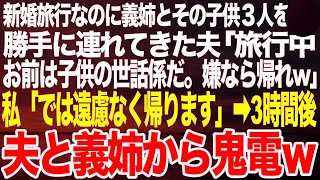 新婚旅行に義姉とその子供３人を勝手に連れてきた夫「旅行中は子供達の面倒を見ろよ？文句があるなら帰れw」義姉「よろしく〜w」私「わかった、帰る」➡3時間後、夫と義姉が泣きながら電話してきて