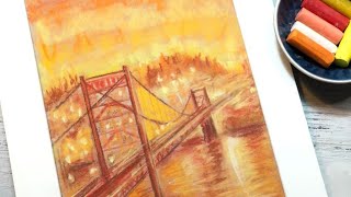 Easy The Golden  Gate bridge drawing with soft pastels for beginners. Step by step tutorial.