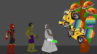 Granny vs Spiderman, Hulk Chicken Pop it Motorbike Car Tree Funny Aniamtions - Drawing Cartoon 2
