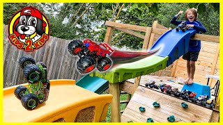 LONGEST Downhill Race INSIDE & OUTSIDE the House 🏠 BIG Monster Jam & Hot Wheels Monster Truck Toys