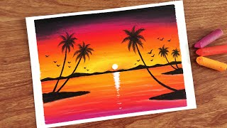 Oil Pastel Sunset Palm View Landscape Painting for beginners | Oil Pastel Drawing