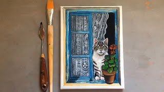 365 days challenge-day242/ STEP by STEP Acrylic Painting for Beginners/ Cat at the Window