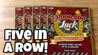 Five in a row! | 5 x $20 ~ $5,000,000 Luck