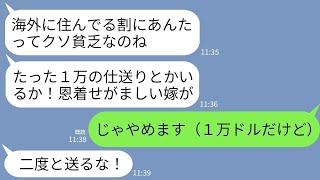 【LINE】海外から毎月義実家に仕送りする私に義母から怒りの連絡「この貧乏人！たった１万の仕送りなんかいるか！」→言われた通り１万ドル140万円の仕送りやめた結果www