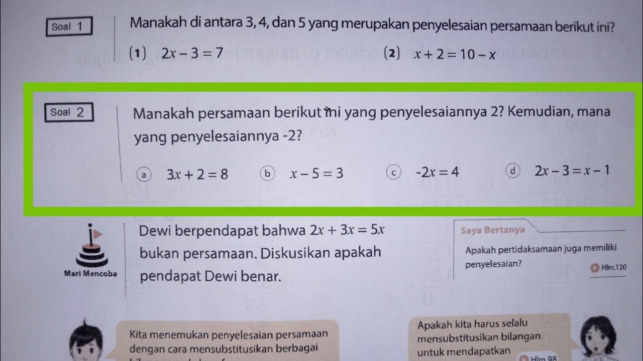 Jawaban Matematika Kelas 7 Halaman 97 Manakah Persamaan Berikut Yang ...