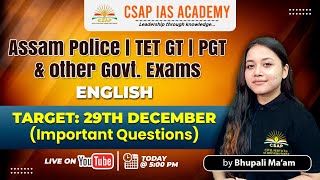 ENGLISH - IMPORTANT QUESTIONS | ASSAM POLICE TET GT/PGT \u0026 OTHER EXAMS